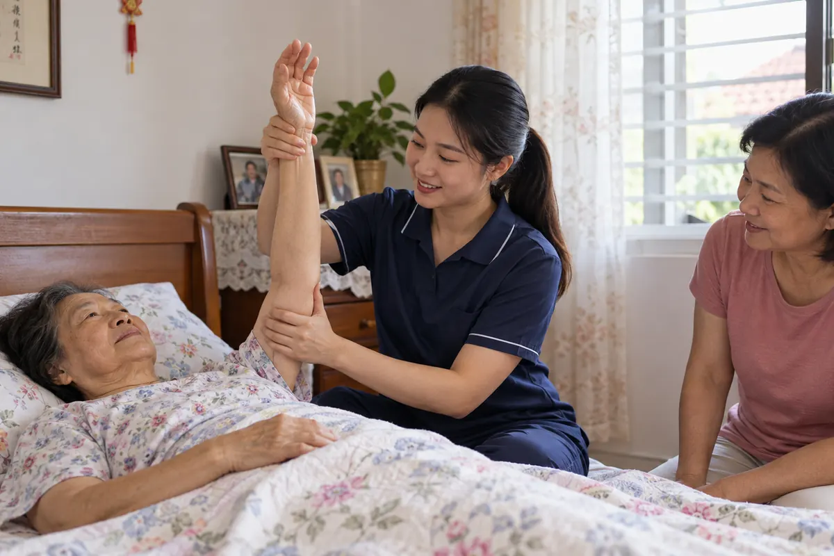 Gentle assisted arm movement for a person receiving mobility care in bed