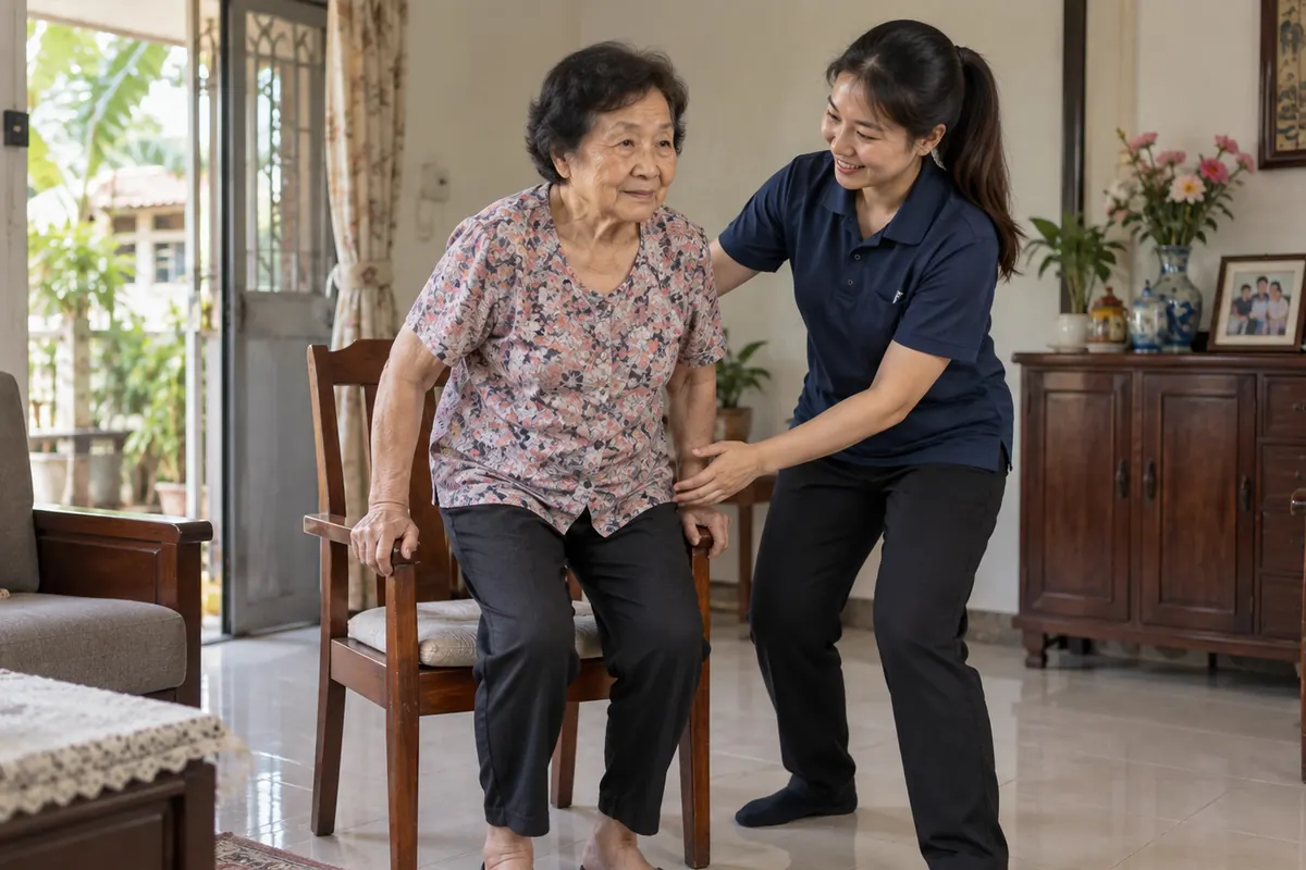 Older adult practising standing from a chair with physiotherapist support at home
