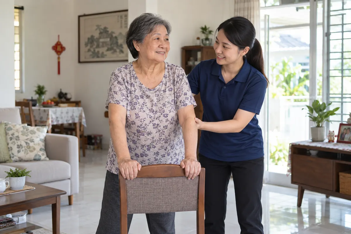 Physiotherapist guiding an older adult through supported standing at home in Kedah