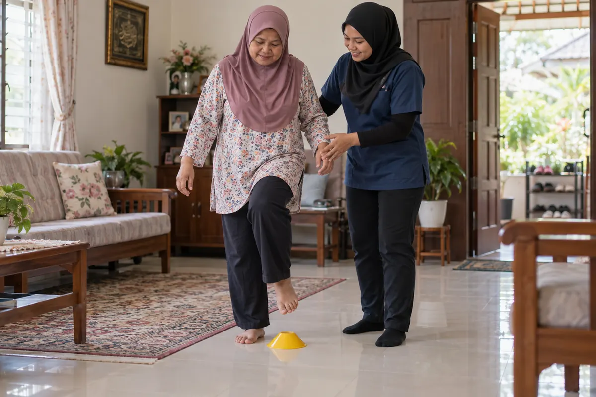 Latihan imbangan dan melangkah dengan pengawasan semasa fisioterapi neurologi di rumah