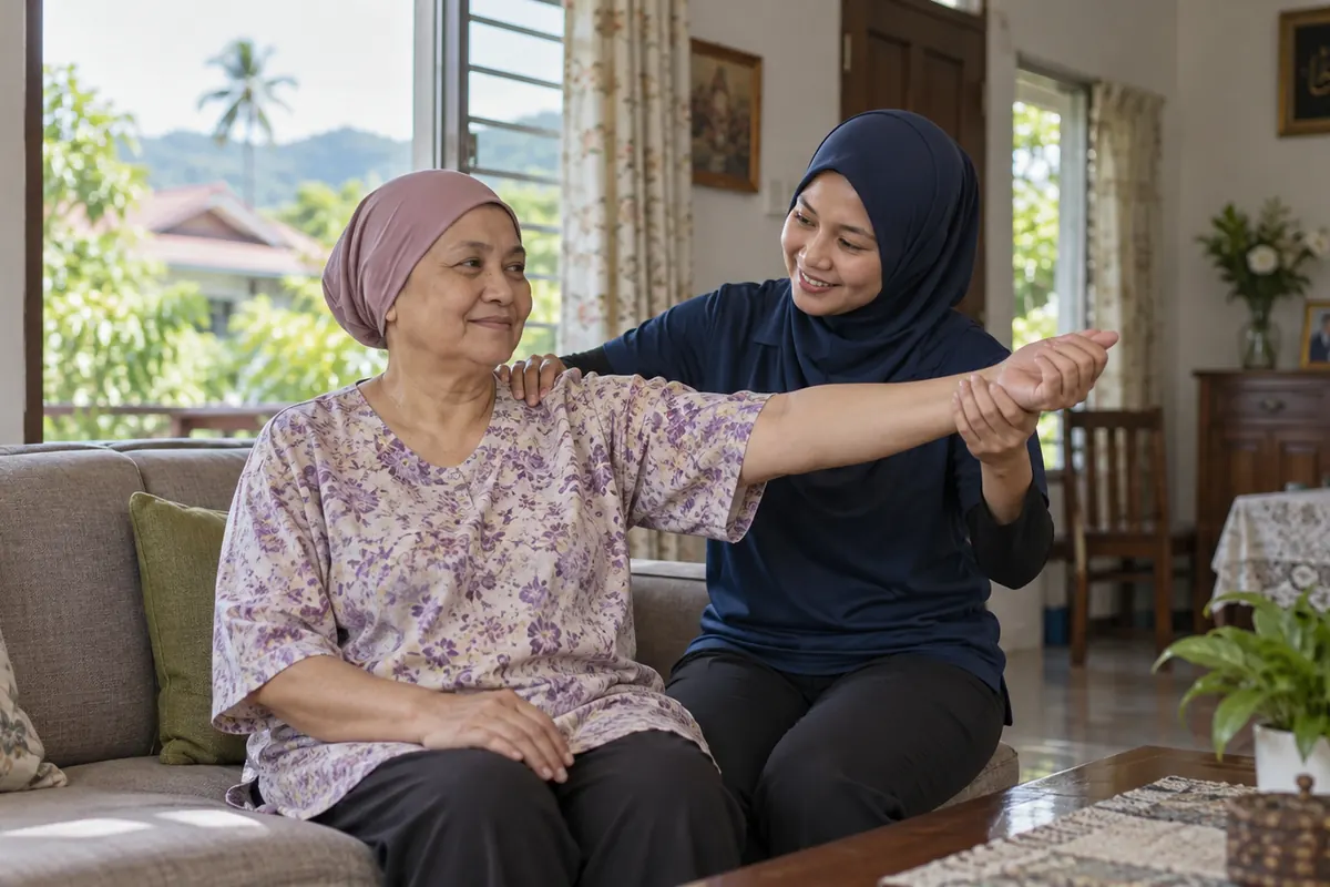 Pergerakan lengan secara duduk semasa pemulihan onkologi di rumah