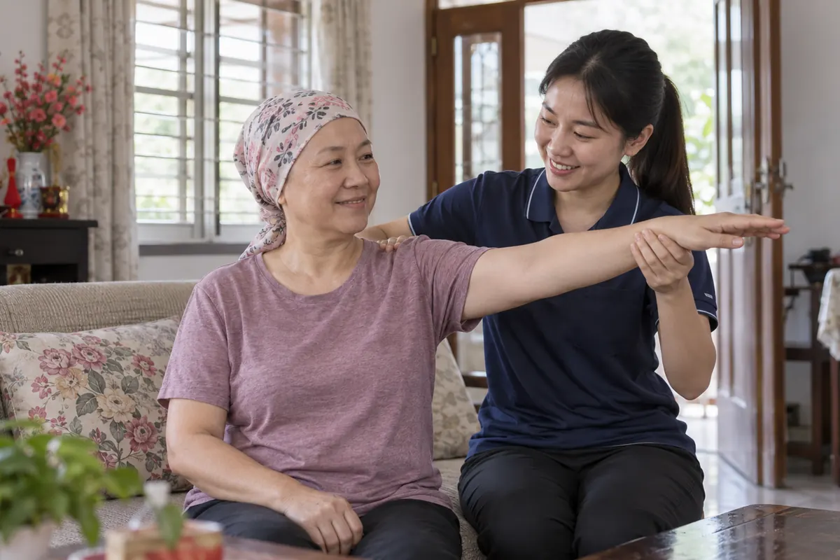 Gentle seated arm movement during home oncology rehabilitation