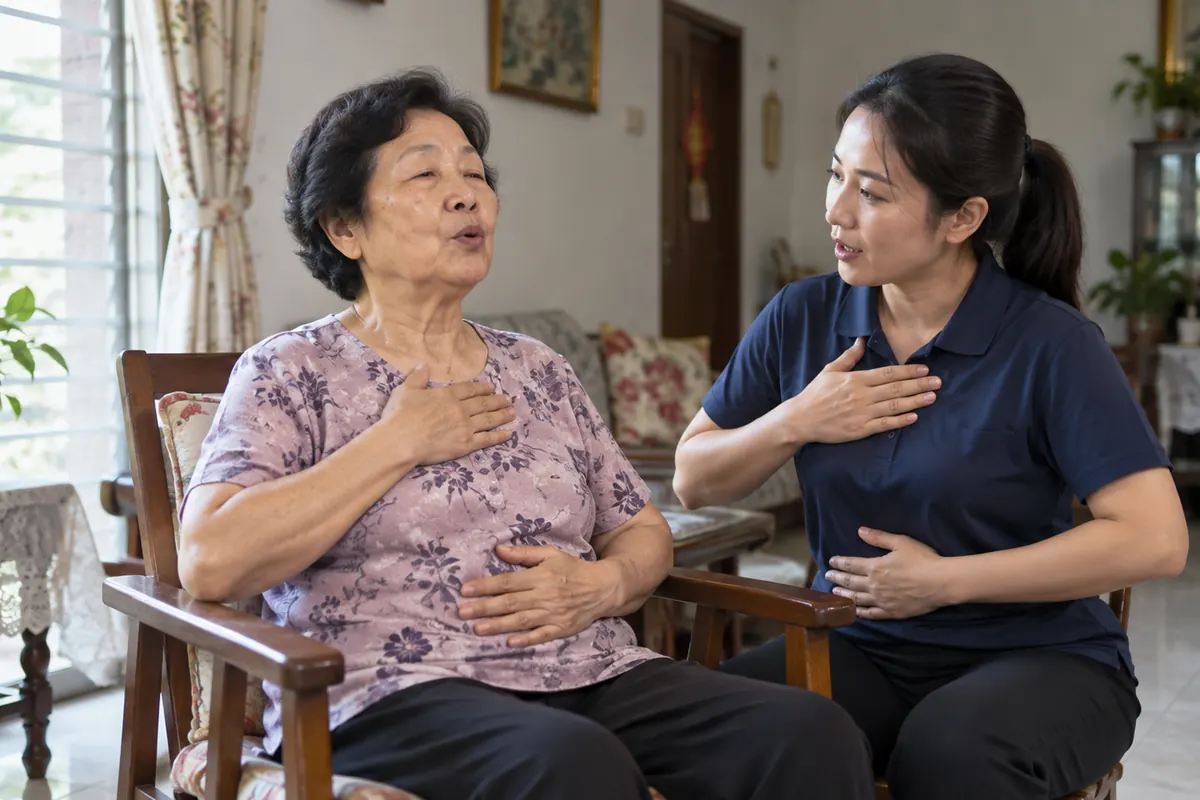 Physiotherapist guiding relaxed breathing practice at home