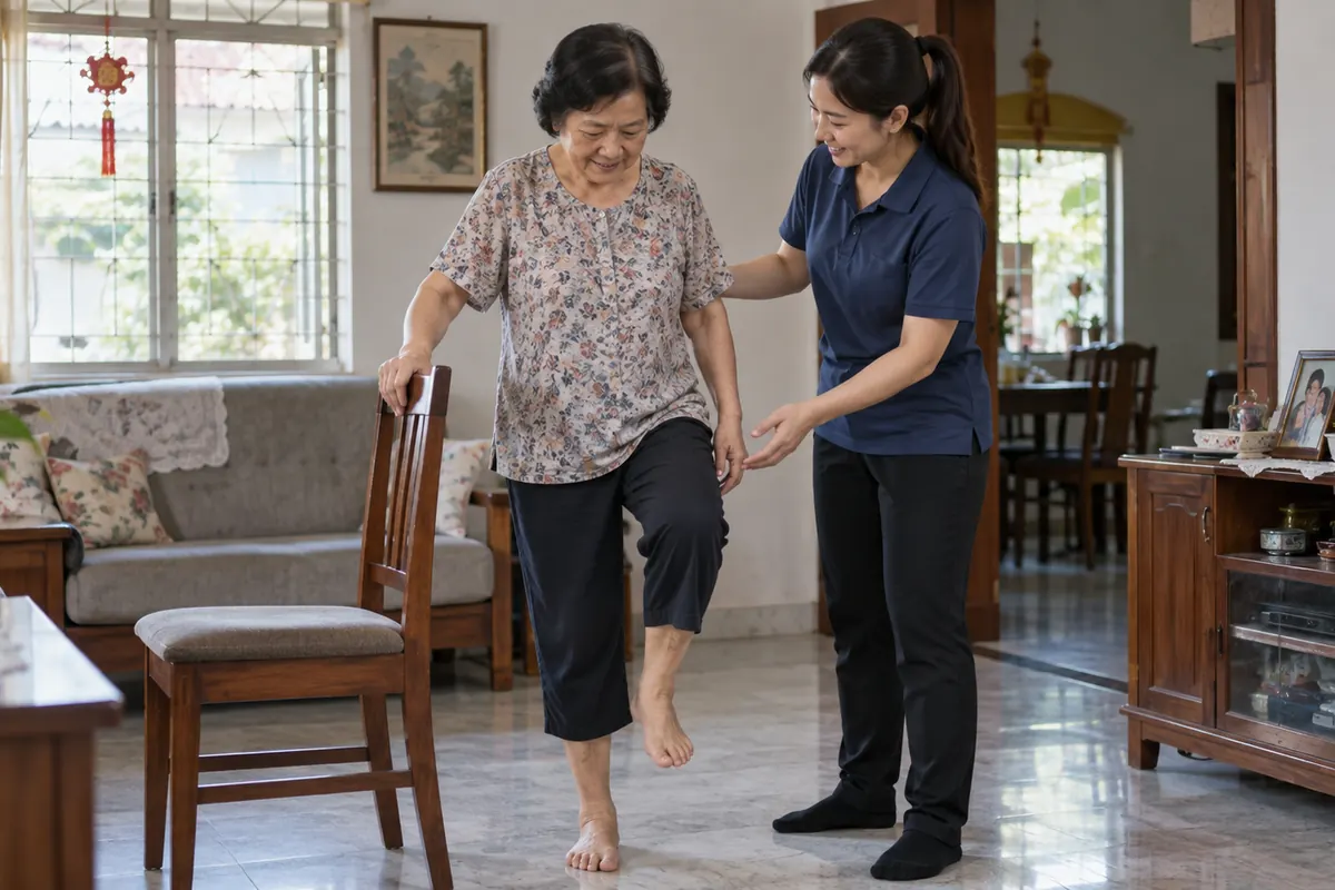 Physiotherapist assessing a patient’s mobility during a home visit in Kedah