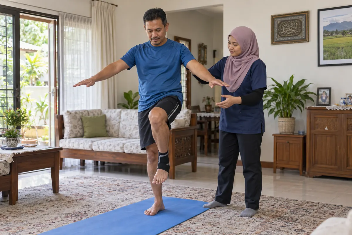 Latihan imbangan dengan pengawasan semasa pemulihan kecederaan sukan di rumah