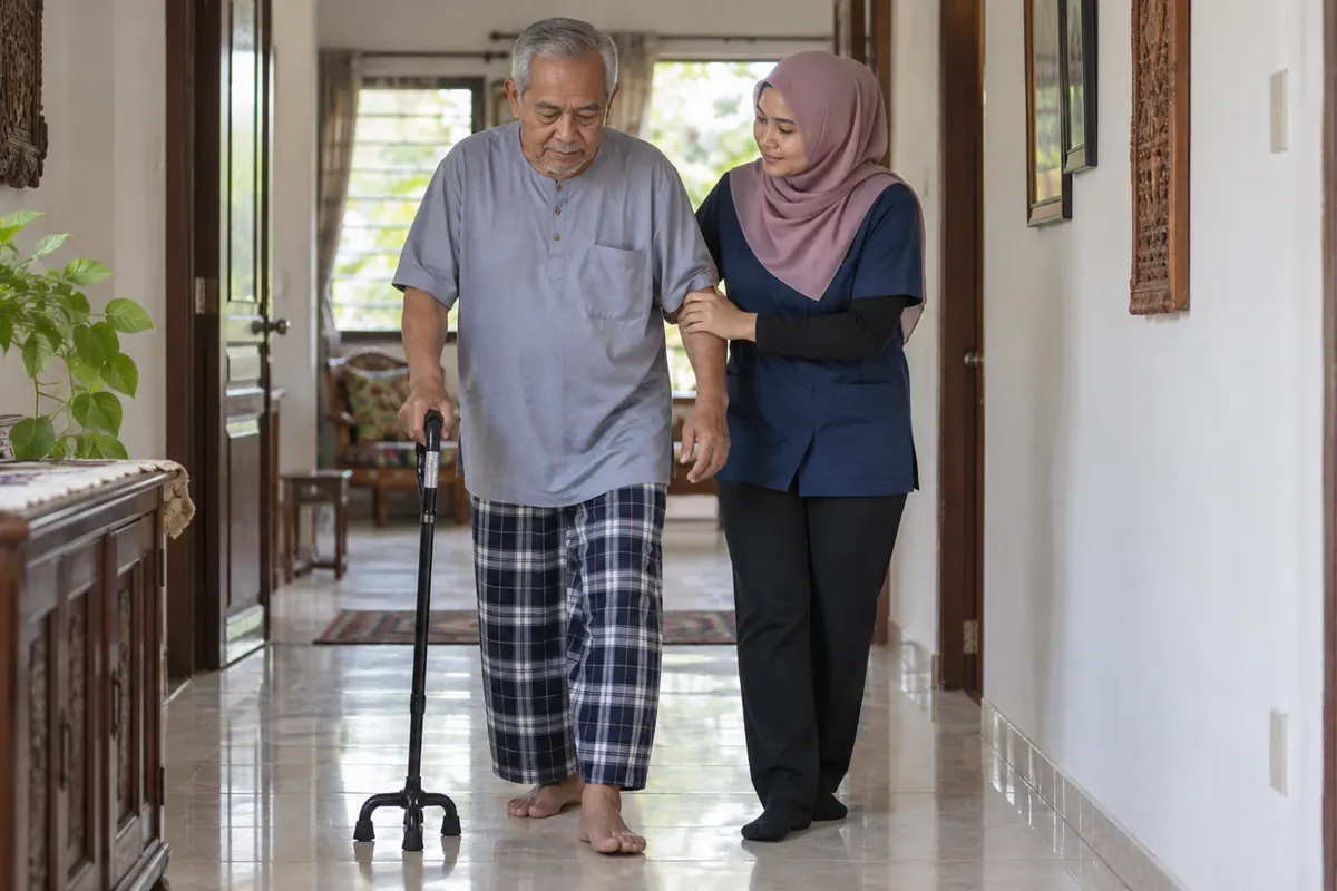 Latihan berjalan dengan sokongan semasa pemulihan strok di rumah