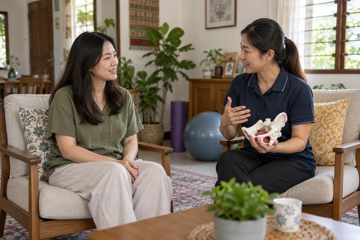 Physiotherapist discussing a postnatal movement plan during a home visit
